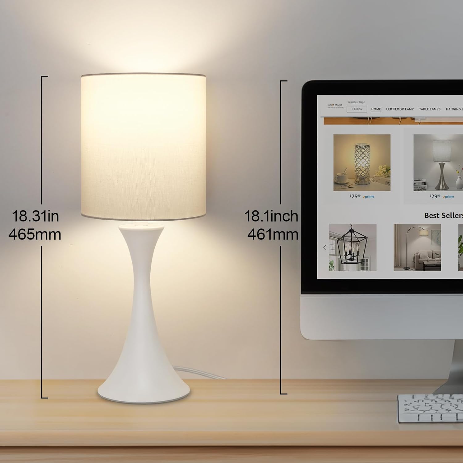 Modern Table Lamps, 3 Way Touch Control Table Lamp, Dimmable Desk Lamp, White Nightstand Lamp with Fabric Shade, Small Bedside Lamp for…