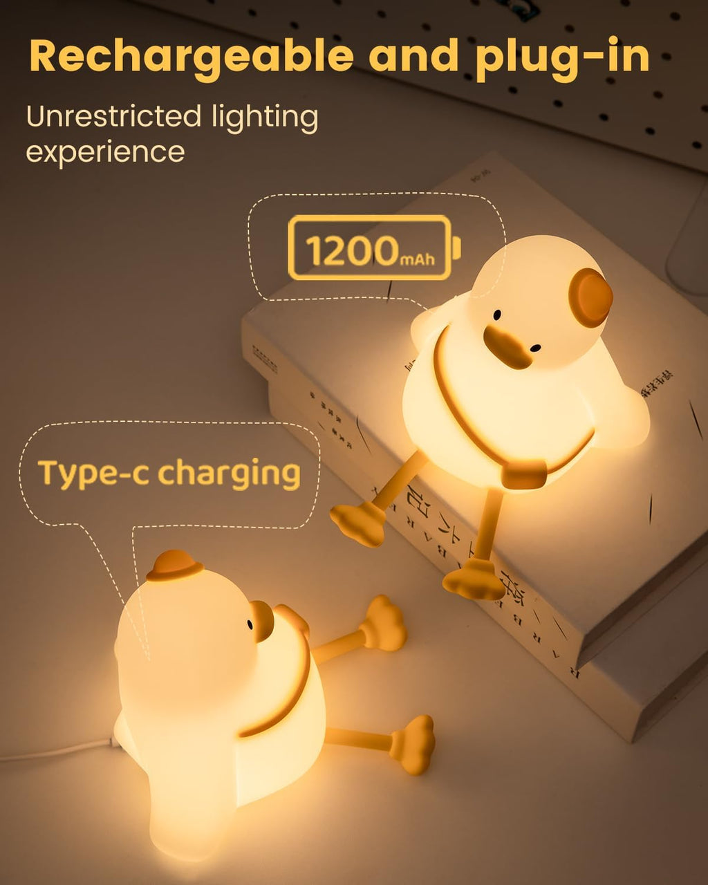 Kids Night Light Duck Design, Silicone Tap Control Bedside Lamp with Time Auto-Off, Cute Portable LED Nursery Light for Baby, Toddler…