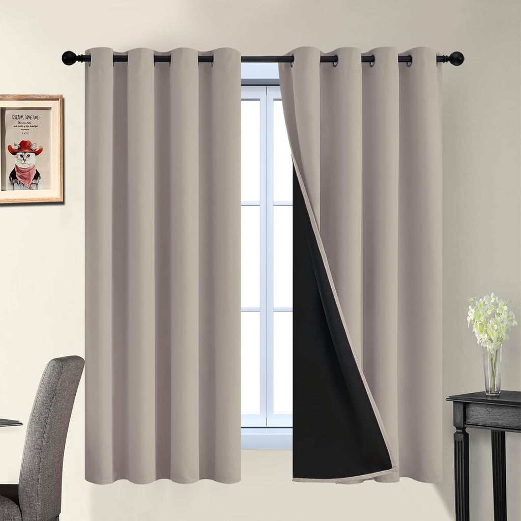 Yakamok 100% Blackout Curtains 63 Inches Long, 2 Thick Layers Heat and Full Light Blocking Soft Thermal Insulated Drapes for Bedroom(52" Wi…