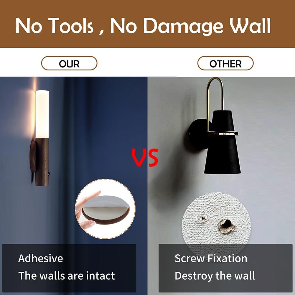 LANDGOO Wooden Motion Sensor Night Lights Magnet Body Sensor Hallway Night Lights Rechargeable Led Light Portable Stairway Wall Sconce…