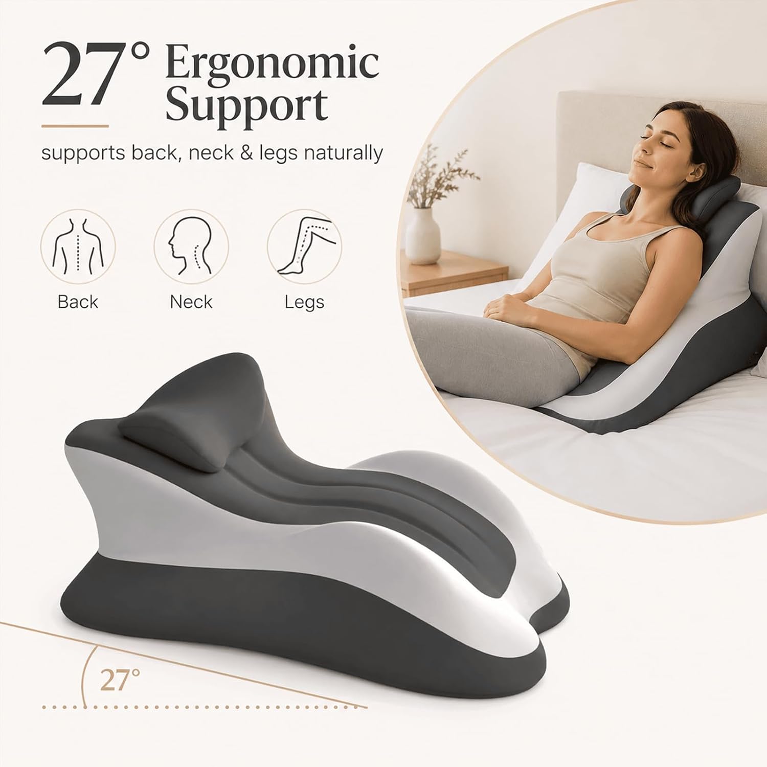 Ergonomic 27° Memory Foam Wedge Pillow for Bed, Multi-Position Support Pillow for Back, Neck & Legs, Positioning Pillow for Reading…