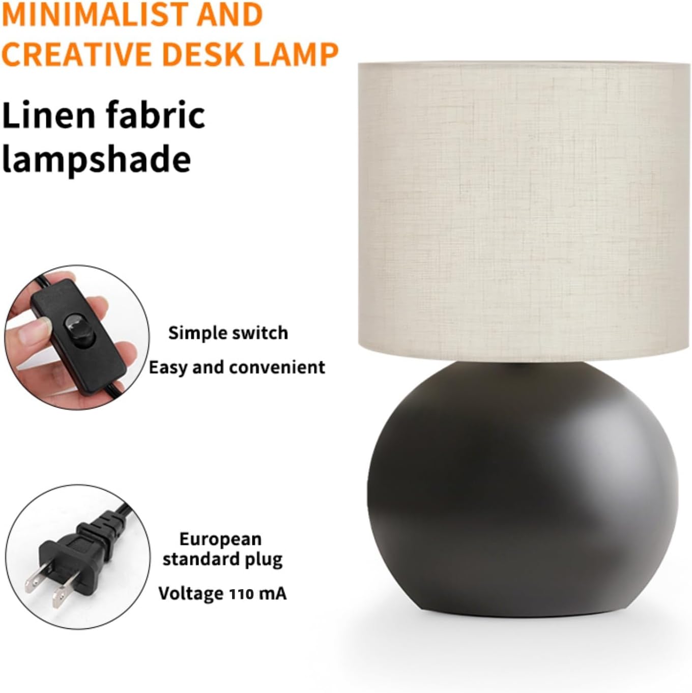 Modern Black Small Table Lamp with Cotton Linen Shade, 10.4-inch LED Desk Light, One-Button Switch for Bedroom, Living Room, Nightstand…