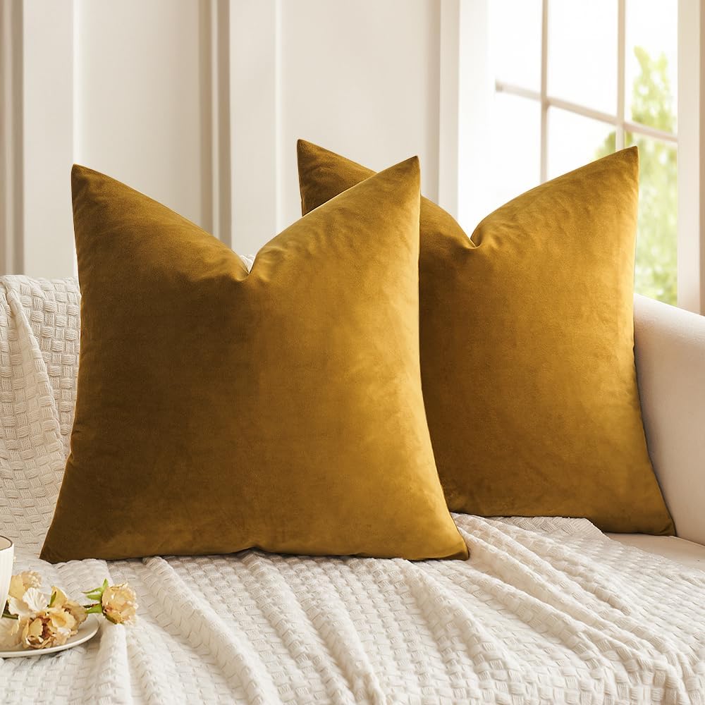 Miulee 24x24 Inch Euro Sham Velvet Pillow Covers, Set of 2 Large Square Spring Decorative Pillows -Mustard Yellow Super Soft for King Bed,…