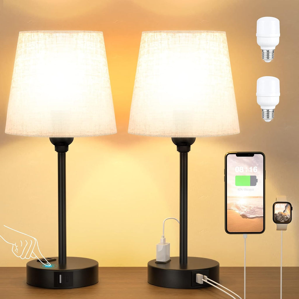 Mini Bedside Lamps for Bedrooms Set of 2 - Nightstand Bedroom Lamps with USB C Port and AC Outlet Charging, Dimmable Touch Small Bed Side…