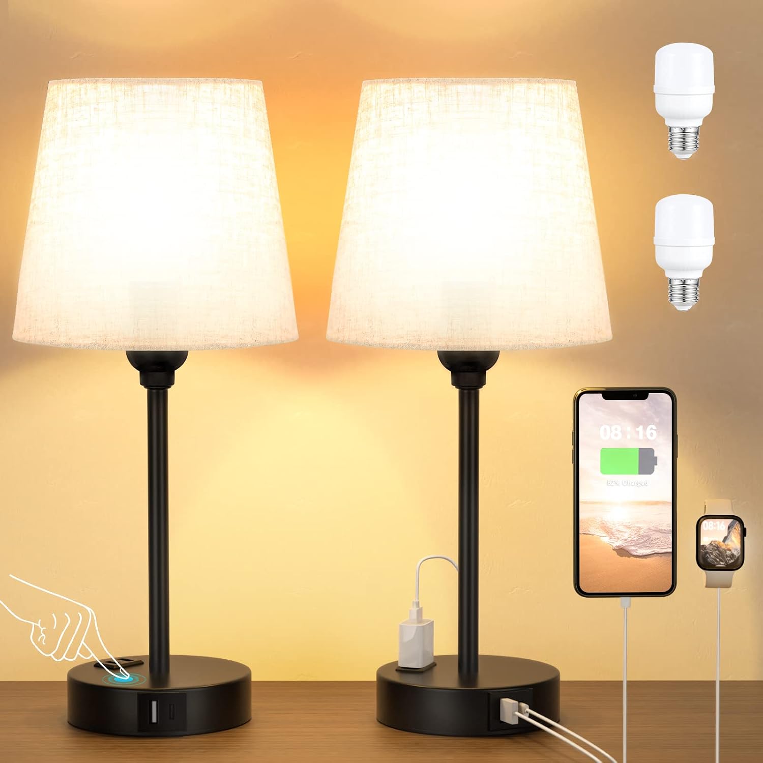 Mini Bedside Lamps for Bedrooms Set of 2 - Nightstand Bedroom Lamps with USB C Port and AC Outlet Charging, Dimmable Touch Small Bed Side…