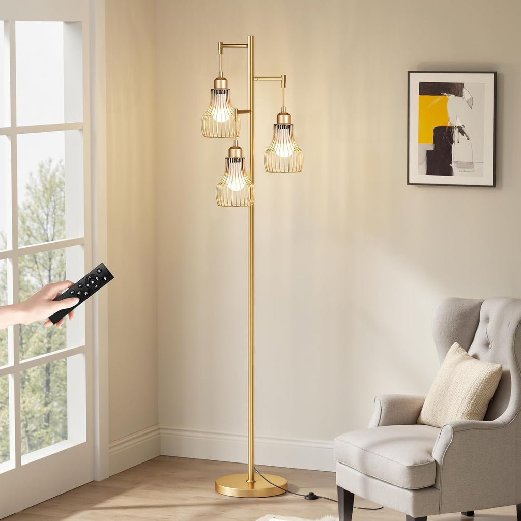 Ziisee Dimmable Gold Floor Lamps for Living Room, Farmhouse Tree Standing Tall Lamp with Remote Control 3 Elegant Cage Shade LED Bulbs…