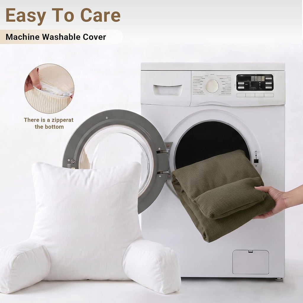 Reading Pillow for Bed with Detachable Neck Roll and Shredded Memory Foam, Back Pillow with Arms for Sitting Up, Washable Bed Rest Pillow…