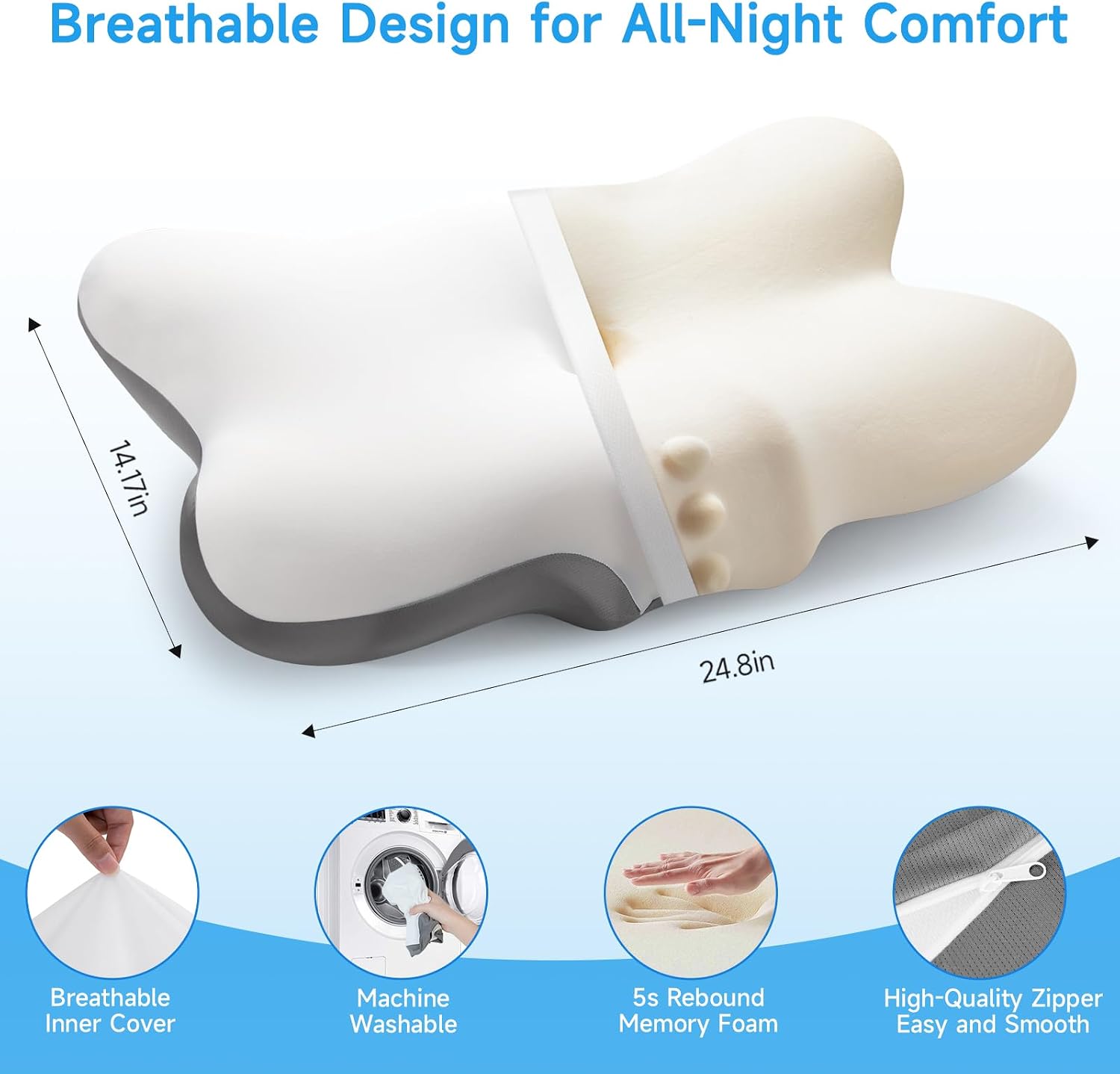 jiaao Cervical Neck Pillow with 2 Heights (5.31/3.54 in), Queen Size Bed Pillow with Cooling Pillowcase, Contoured Memory Foam Pillow for S…