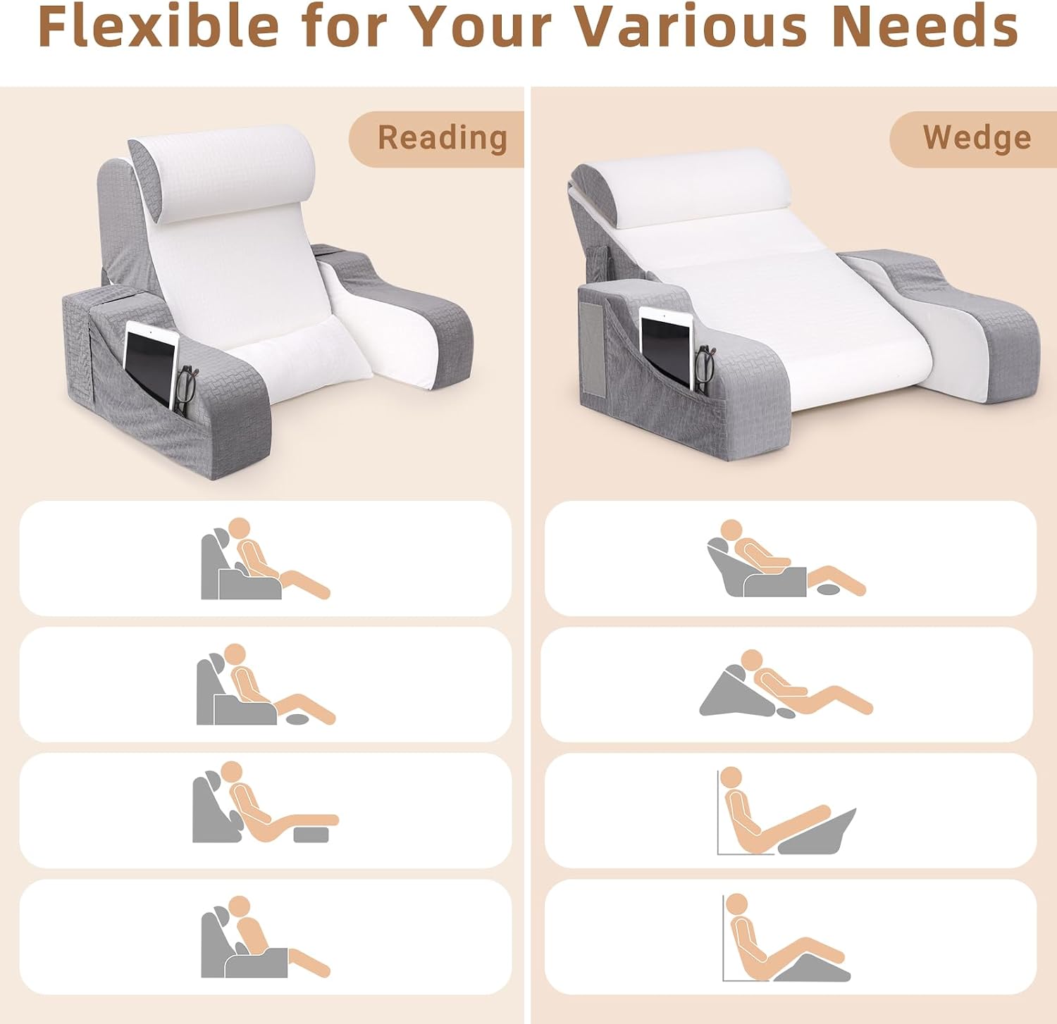 Esuerdo 5PCS Reading Pillow for Sitting in Bed Adult, 2 in 1 Foldable Back Wedge Pillow for Sleep, Ergonomic Back Support Pillow with Arms…