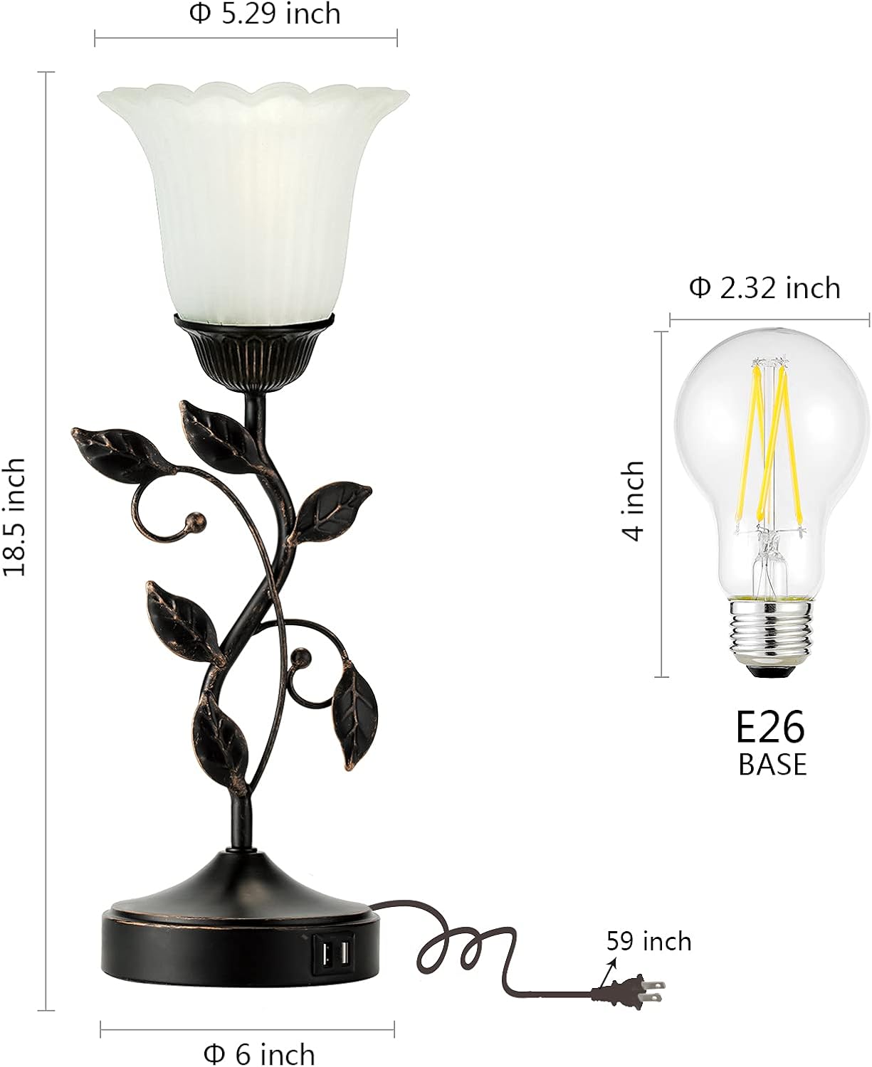 Touch Bedside Lamp with 2 USB Charging Ports, 3-Way Dimmable Nightstand Lamps, White Glass Shade Vintage Rural Leaf Lamp for Living Room…