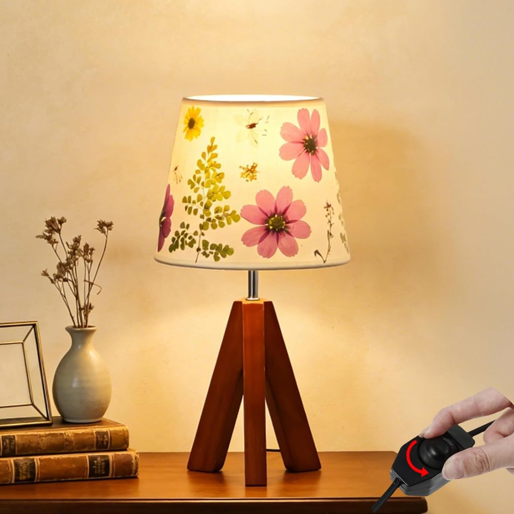 Dried Flowers Tripod Table Lamp 14.17in, 9W LED Dimmable Cute Bedside Lamp with Flowers Linen Lampshade for Nursery, Bedroom, Kid Room…