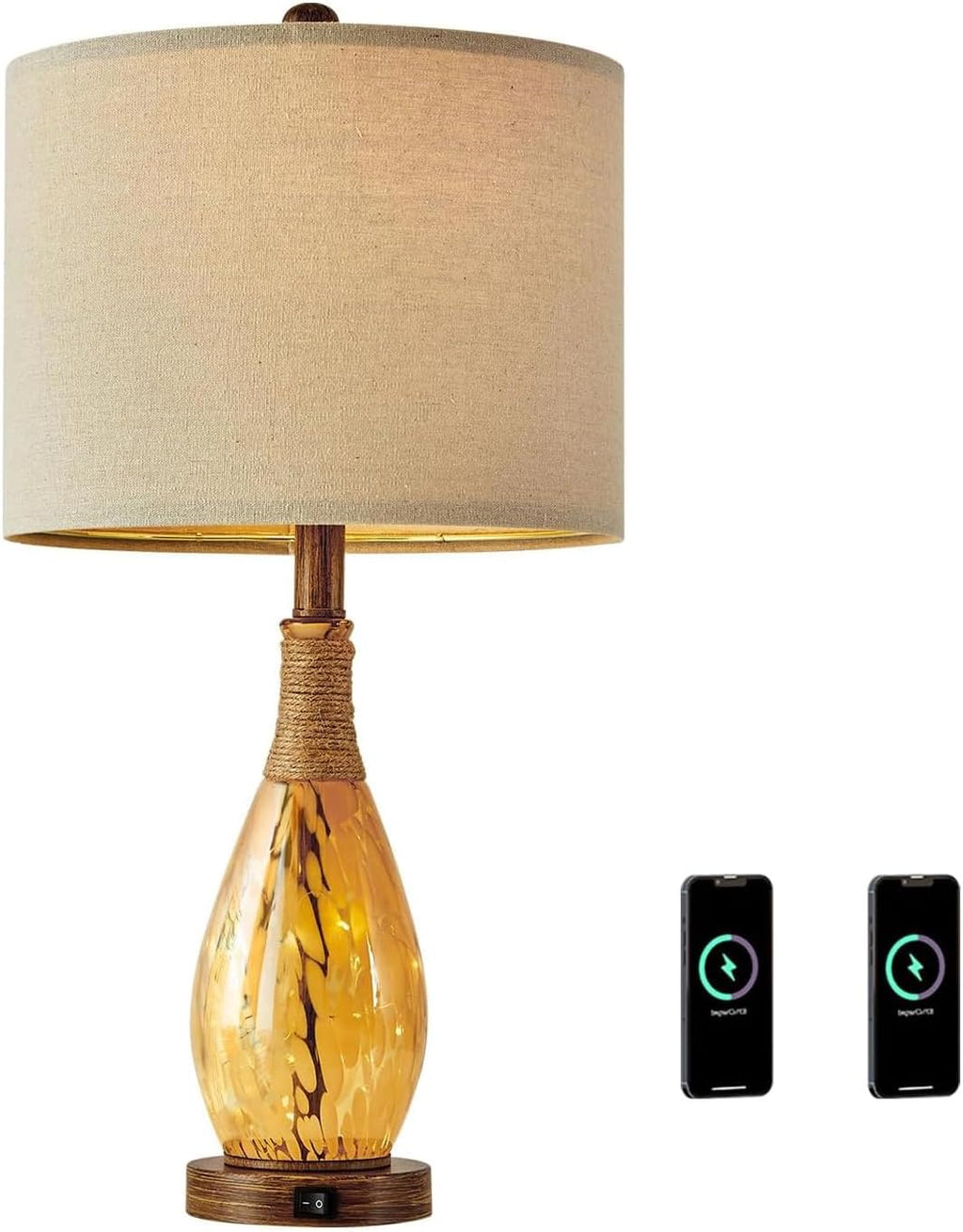 OYEARS 23" USB A+C Table Lamp for Bedroom Living Room Modern Bedside Lamps Retro Farmhouse Rattan Glass Nightstand Nightlight Lamps…