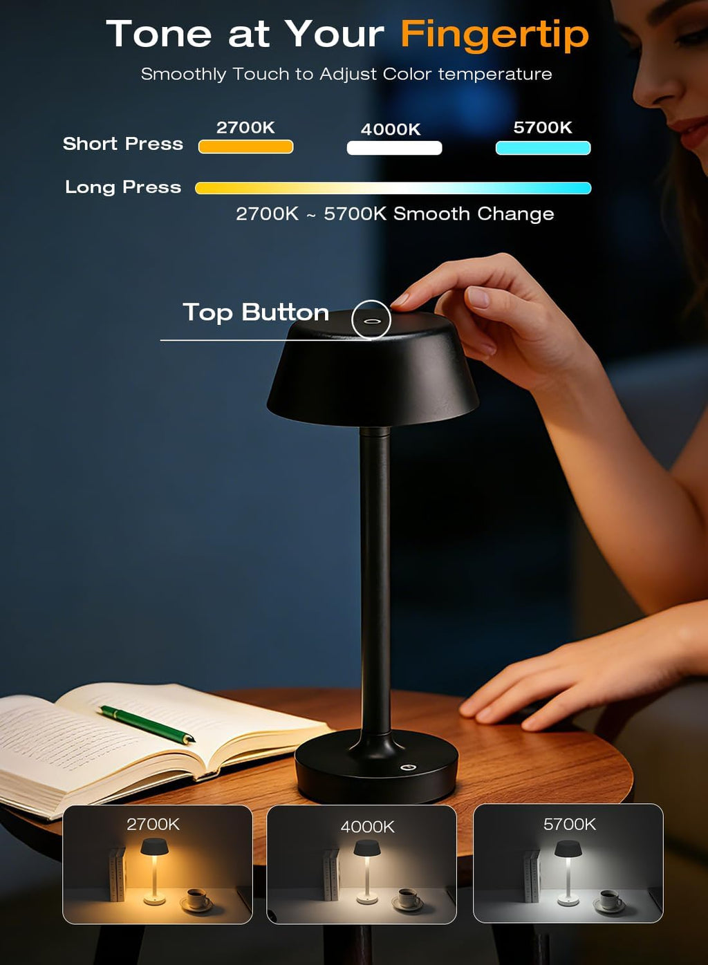 Cordless Rechargeable Table Lamp with Power Charger, Portable LED Desk Lamp,5000mAh Battery Operated,2700K-5700K Tunable, Stepless Dimming…