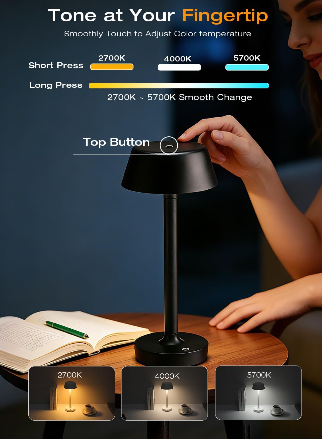 Cordless Rechargeable Table Lamp with Power Charger, Portable LED Desk Lamp,5000mAh Battery Operated,2700K-5700K Tunable, Stepless Dimming…