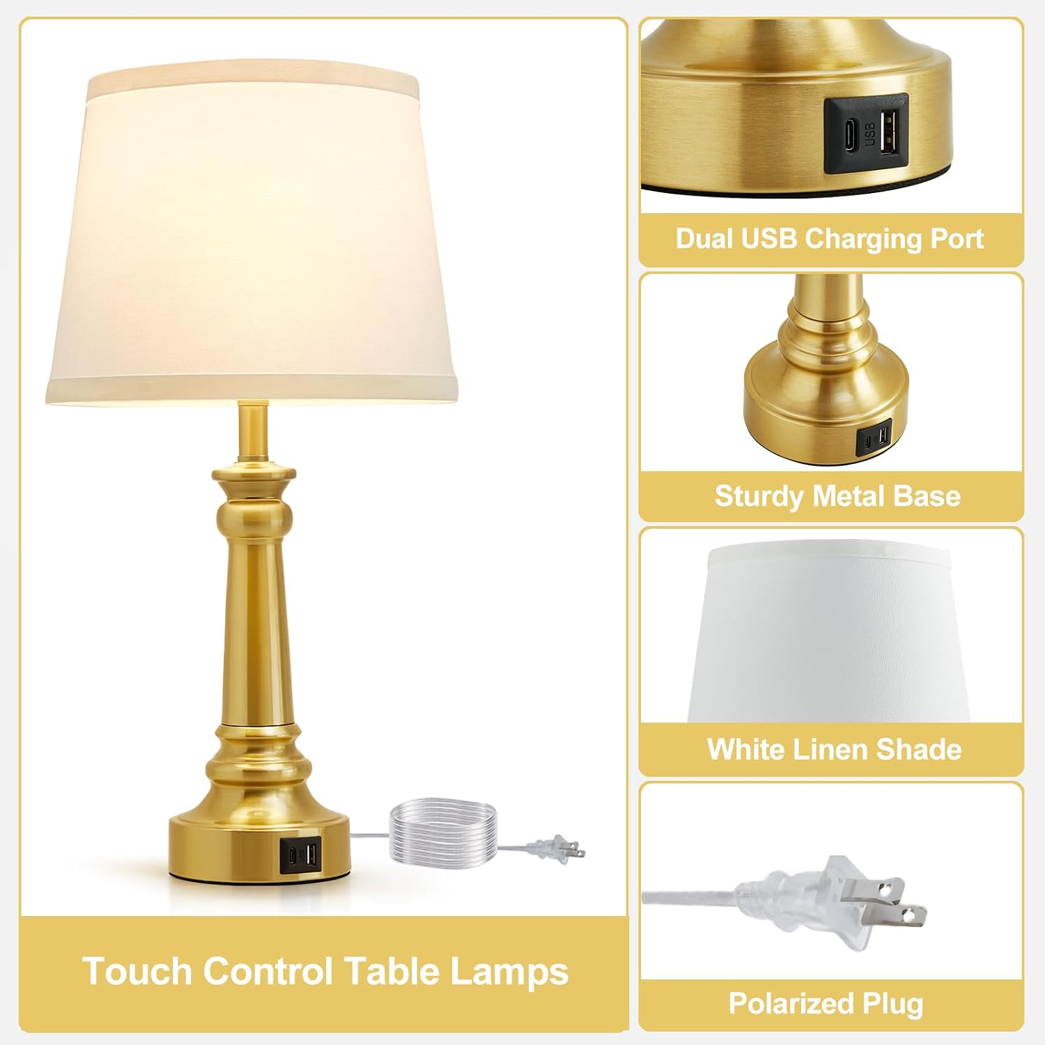 EJIAXIN Touch Lamps for Nightstand Set of 2 - Gold Table Lamp for Bedroom Dimmable Bedside Lamps with USB C+A Ports - Lamps for Night…