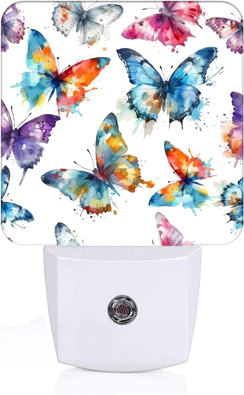 Watercolor Butterflies Night Light, Plug Into Wall for Boys Girls Bedroom Decorative Square Night Light Lamp 0.5w Sleep Friendly
