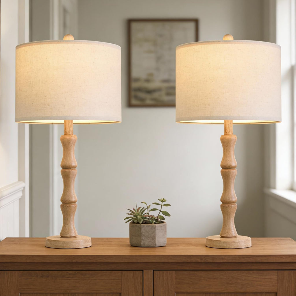 BOBOMOMO 25" Farmhouse Table Lamps Set of 2, Rustic Nightstand Lamps with Wood Grain Resin Base & Linen Shade, Standard Table Lamps for…