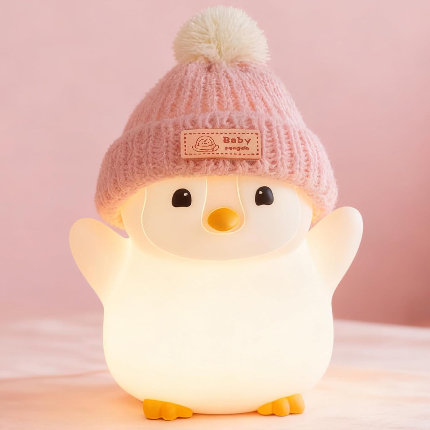 FAMIDUO-BrightenYourLife FAMIDUO Penguin Night Light, Cute Pink Penguin Lamp with Knit Hat, Soft Silicone Nursery Nightlight for Baby, Rech…