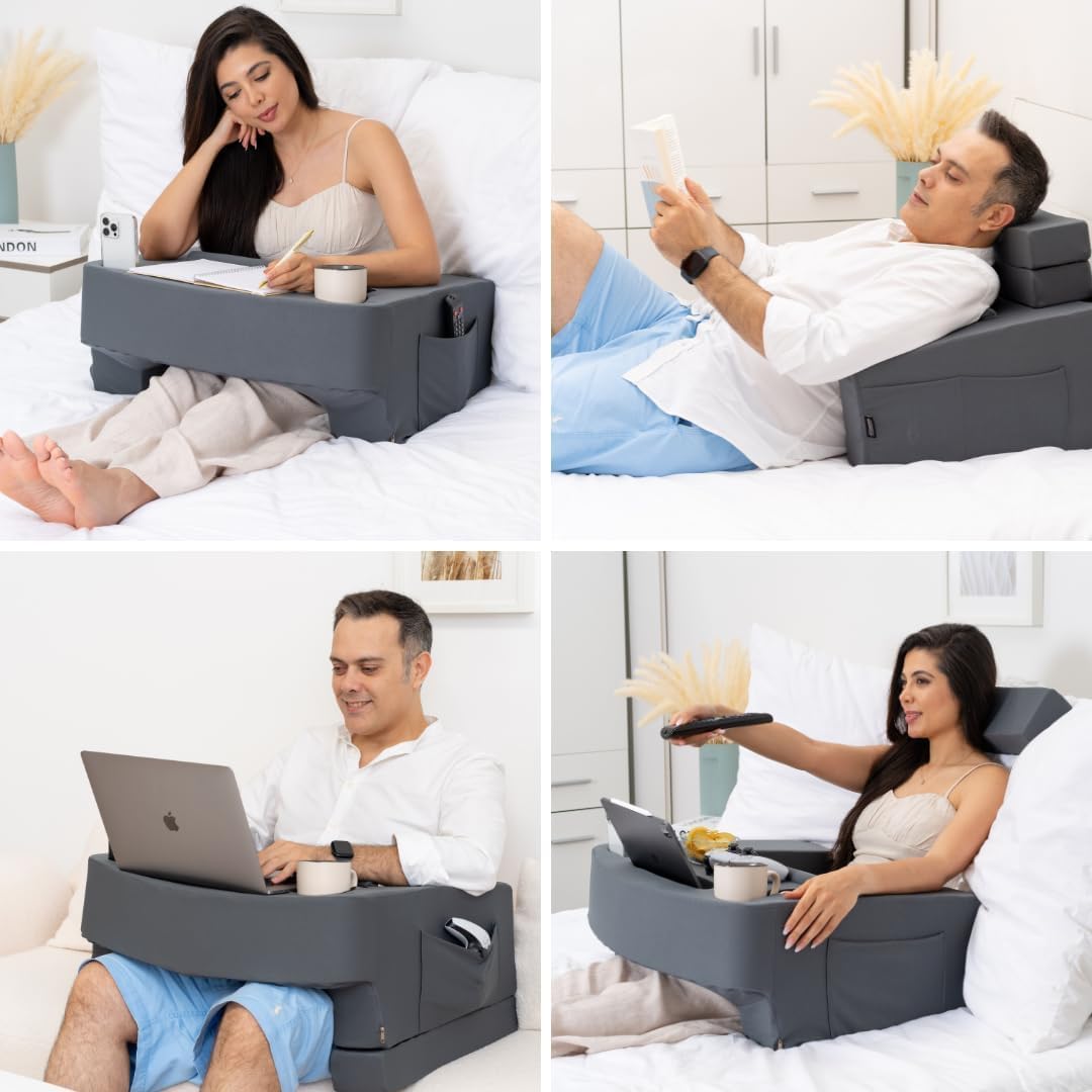 TabCouchCaddy Reading Pillow for Gaming – Extra Large Lap Desk & Arm Rest with Cup & Phone Holder, Adjustable Heights, Laptop Support…
