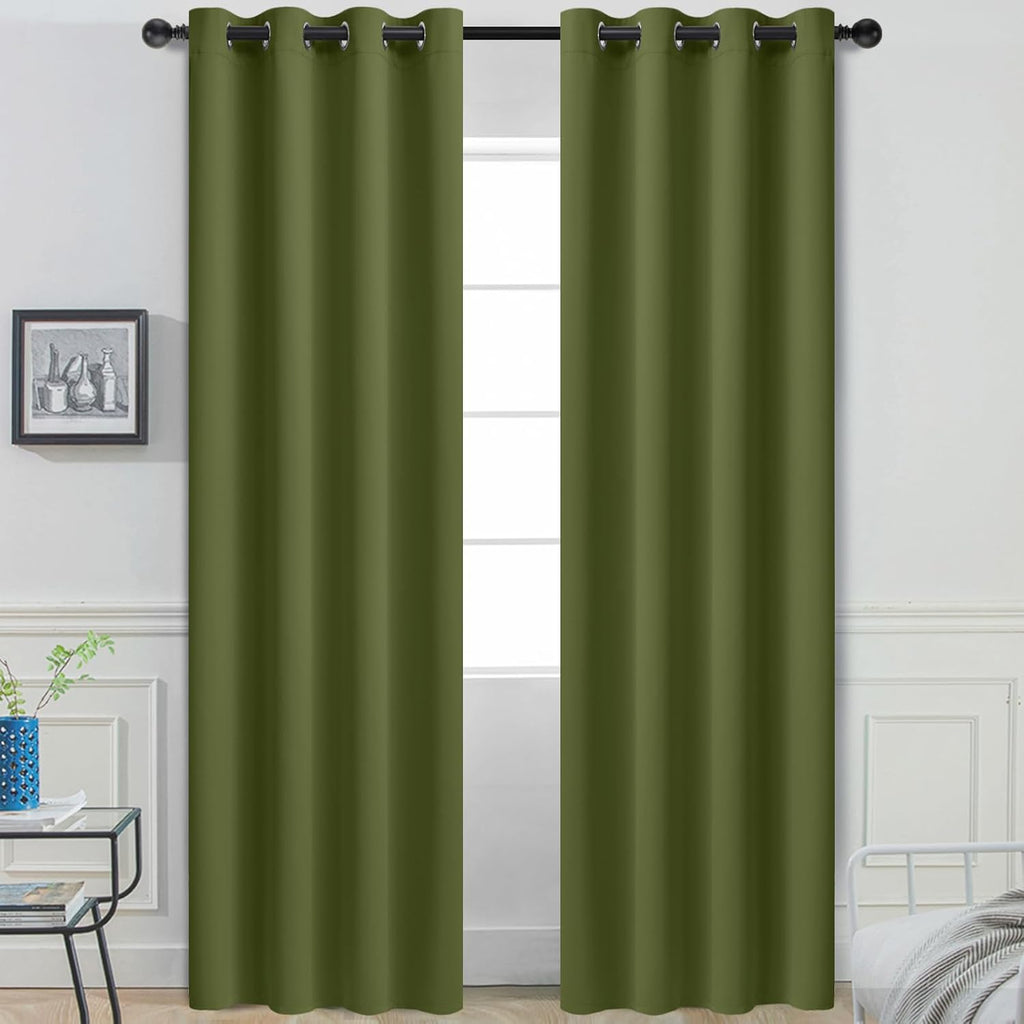 Yakamok Olive Green Blackout Curtains with Grommet Green Room Darkening Thermal Insulated Curtain Set of 2 Drapes for Bedroom Living…