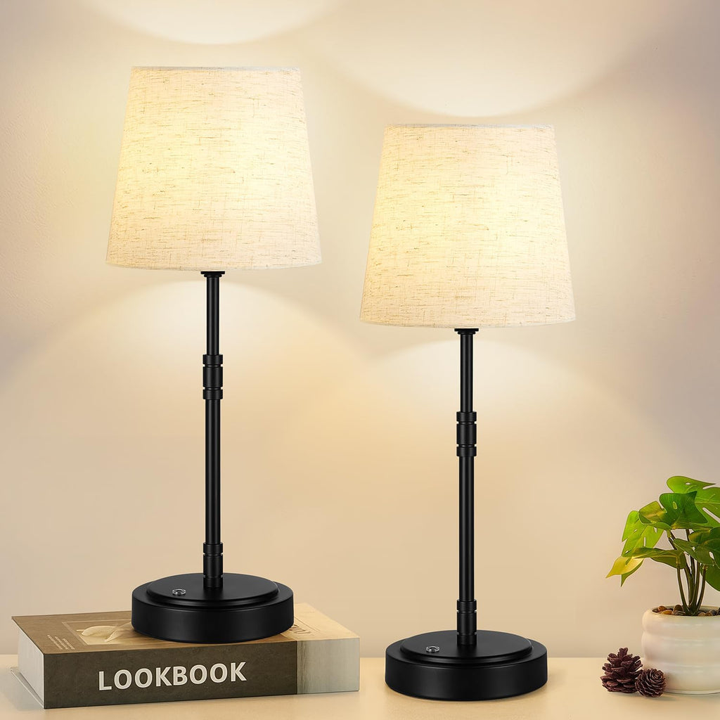 Cordless Table Lamps Set of 2 – Battery Operated Lamp with 7500mAh Rechargeable Battery, Stepless Dimmable Black Lamps with Beige Shade…