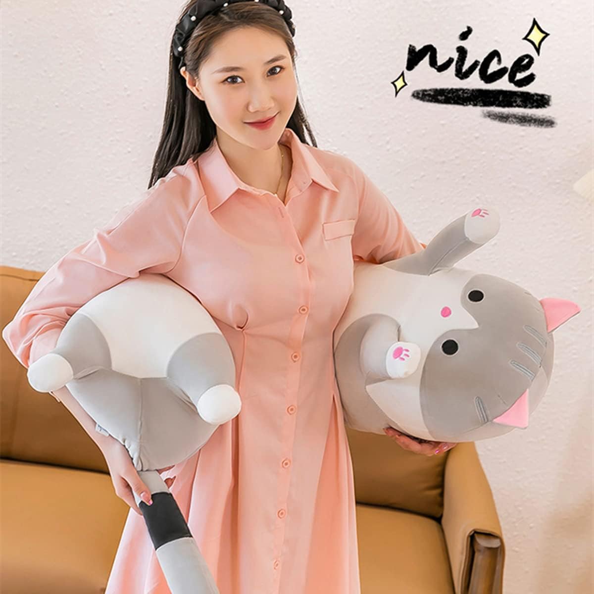 Rexinc Jumbo Plush Pillow - Gray Cat Toy, Soft Long Body Pillow, Cute Cartoon Cat Stuffed Animal, Gift for Girls & Boys