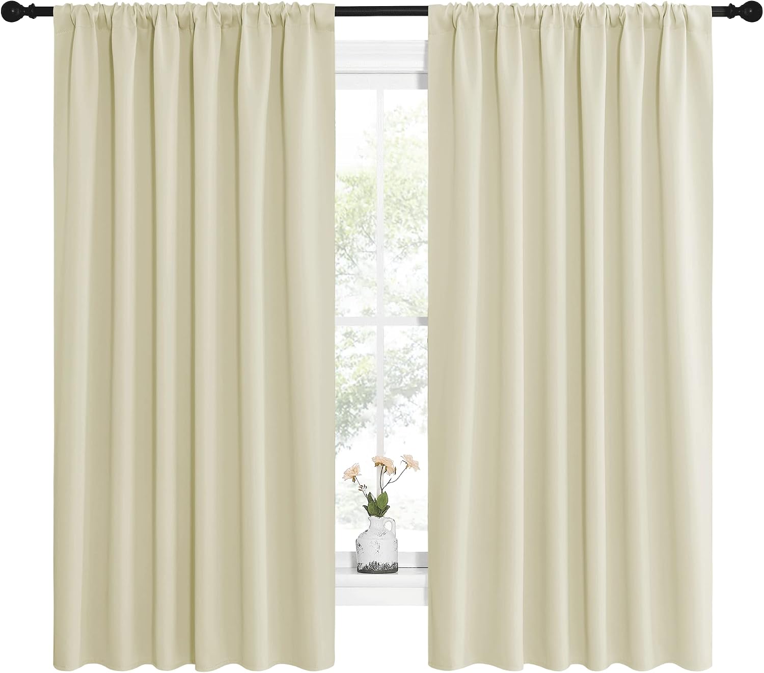 NICETOWN Blackout Curtains for Bedroom, Home Decorations Thermal Insulated Solid Rod Pocket Blackout Drapes for Cafe (Beige, One Pair, 62…