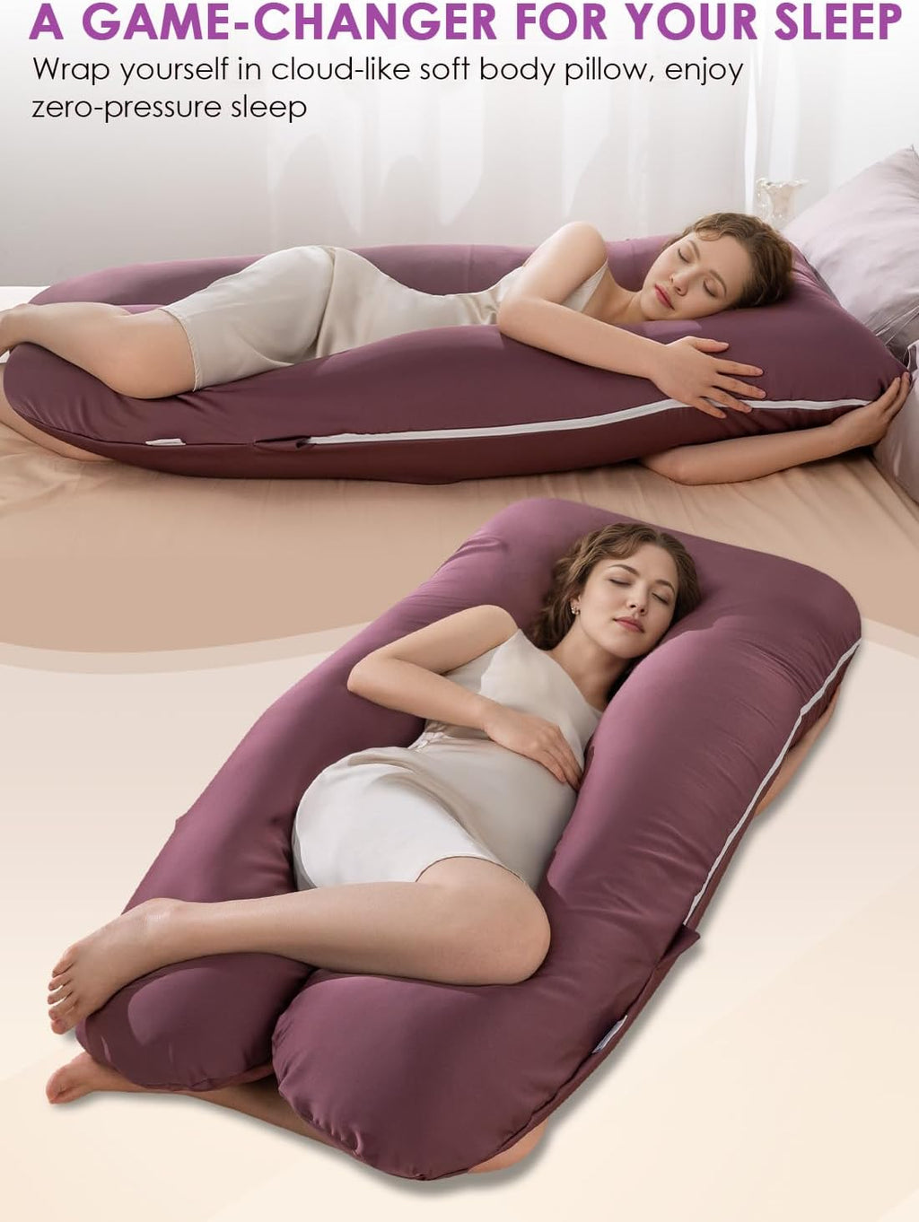 QUEEN ROSE Pregnancy Pillow, U Shaped Full Body Pillows for Sleeping Support, Maternity Pillow for Pregnant Women, Shiny Dark Purple