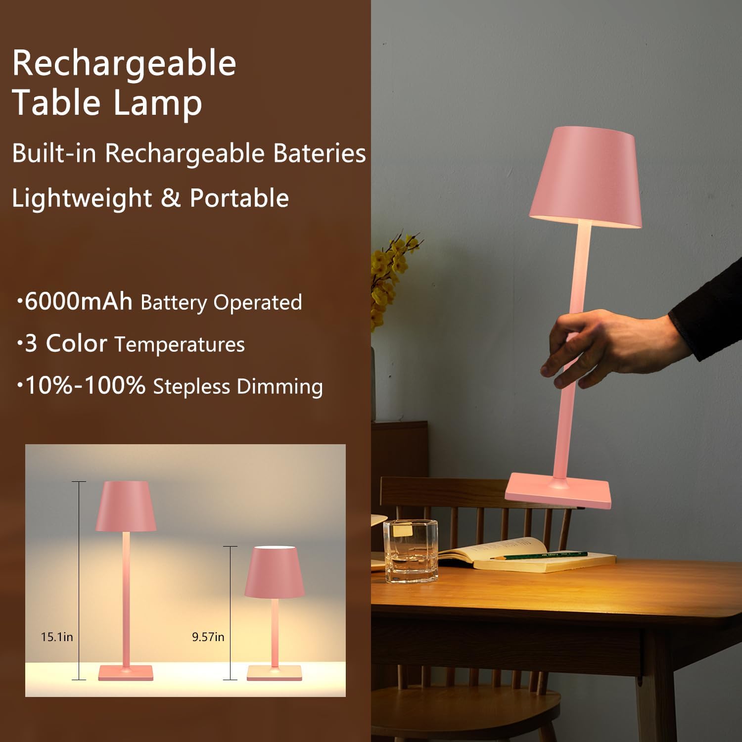 Yogaret Pink Cordless Table Lamp Set of 2 for Patio Restaurant Home Dinner Dining