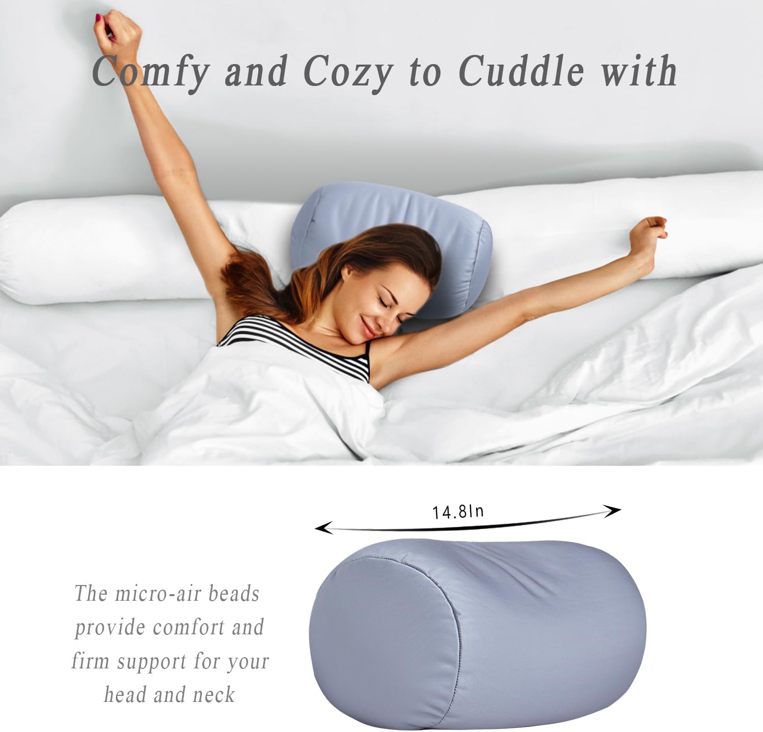 Squishy Neck Pillow, 7Inch x 12Inch Soft Travel Body Bed Pillow Bean Pillow for Kids Adult Chair Sleeping Car Seat, Fun Dormroom (Gray)