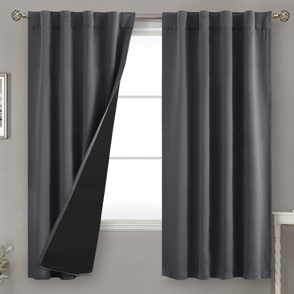 BGment Dark Grey 100% Blackout Curtains 63 Inches Long with Thermal Insulated Liner, Rod Pocket and Back Tab Double Layer Full Room…