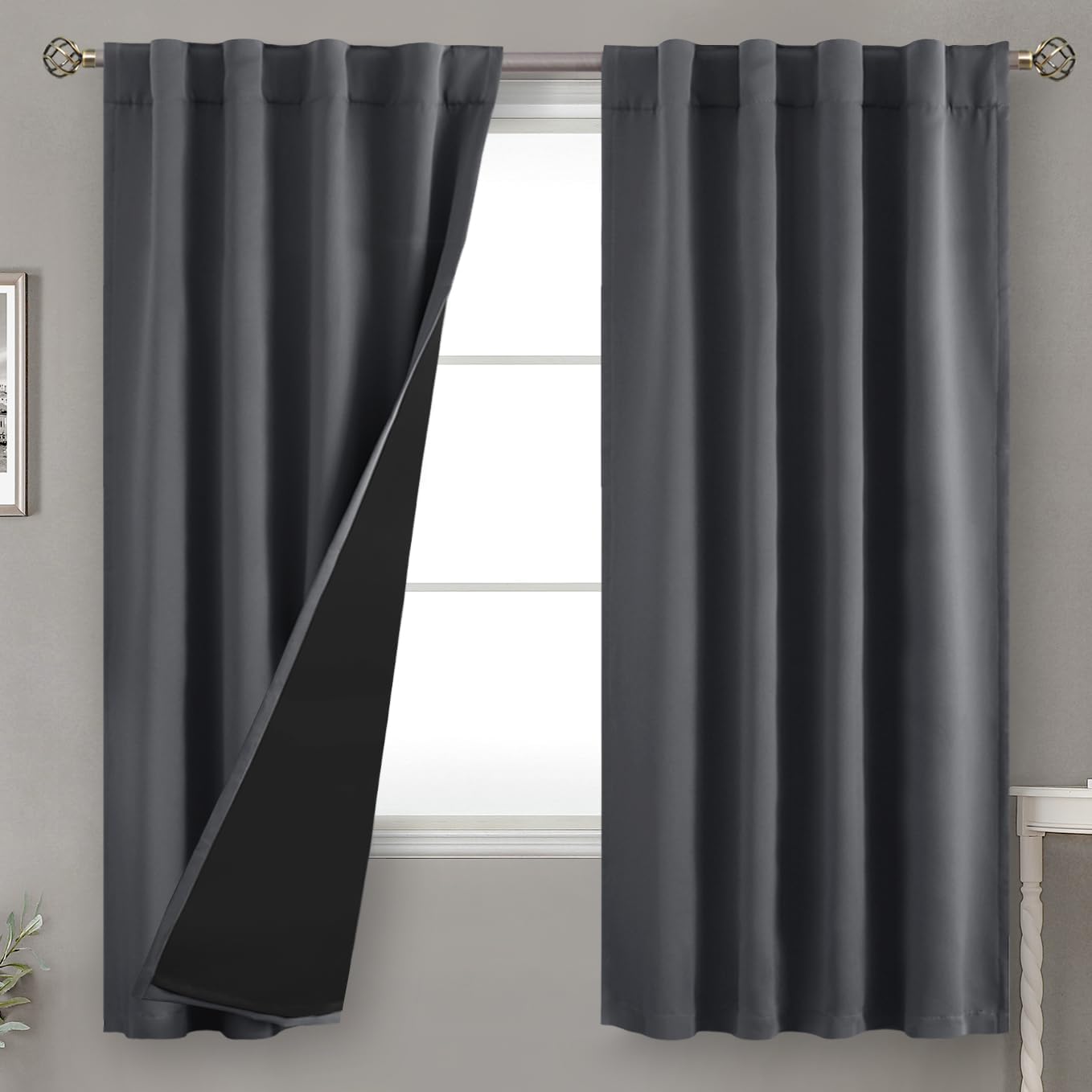 BGment Dark Grey 100% Blackout Curtains 63 Inches Long with Thermal Insulated Liner, Rod Pocket and Back Tab Double Layer Full Room…