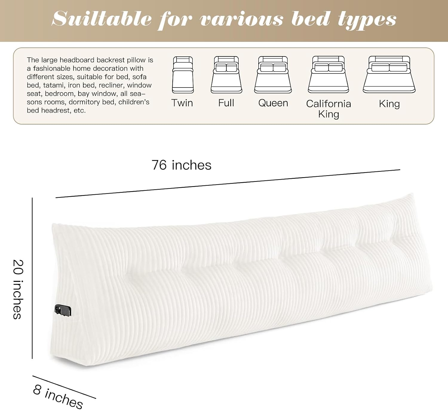 Large Triangular Headboard Wedge Bed Rest Reading Pillow Backrest Positioning Support Bolster Cushion with Removable Cover (White, King…