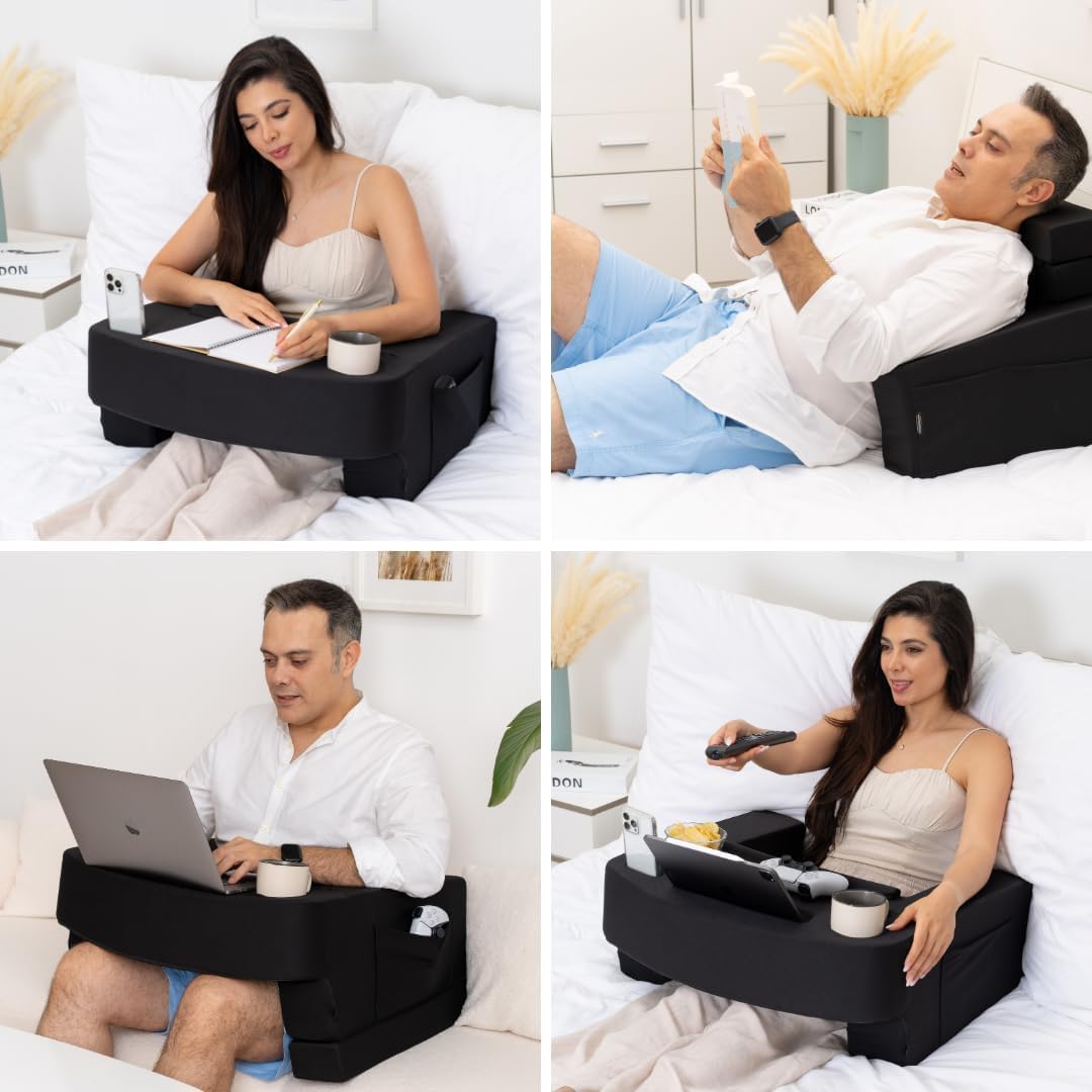 TabCouchCaddy Reading Pillow for Gaming – Extra Large Lap Desk & Arm Rest with Cup & Phone Holder, Adjustable Heights, Laptop Support…