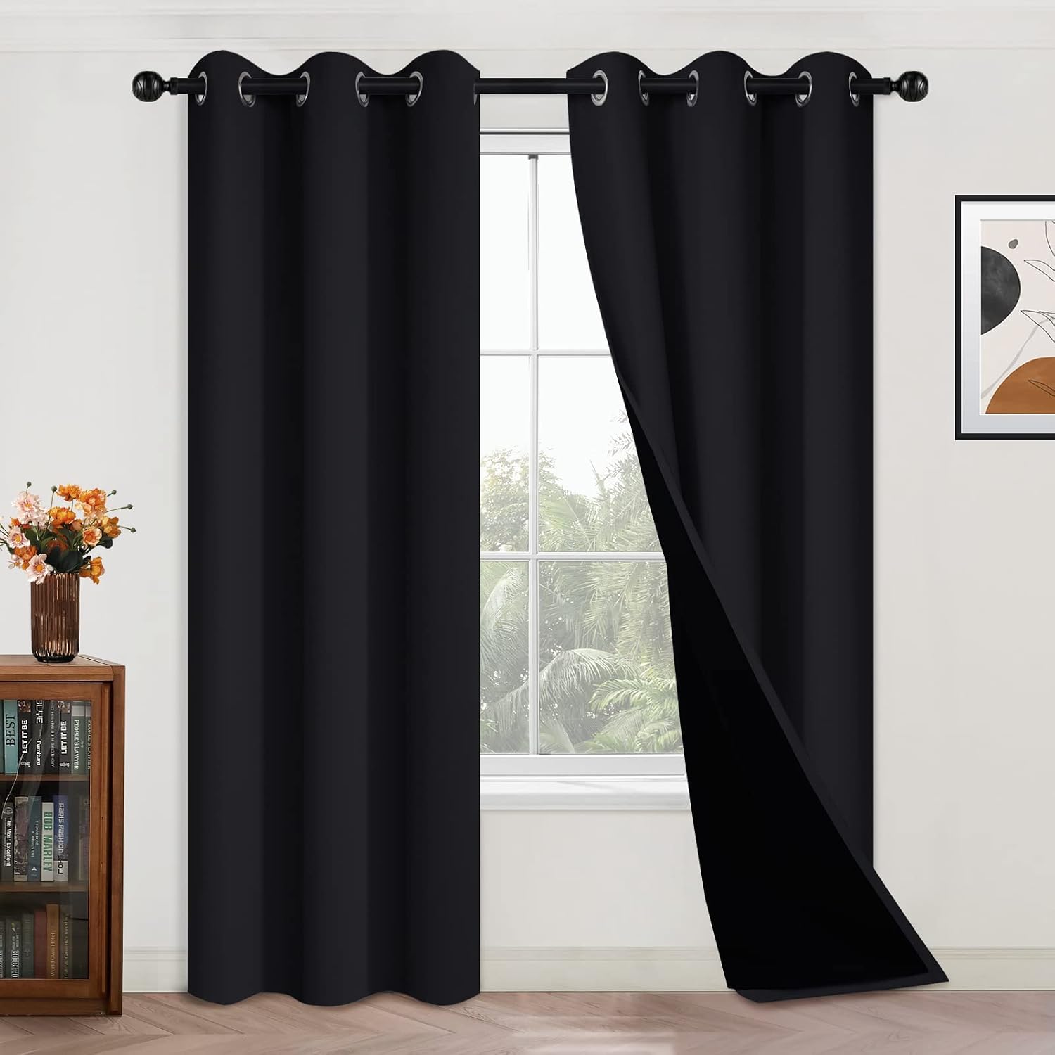 Yakamok 100% Blackout Curtains Energy Saving Thermal Insulated 2 Thick Layers Completely Blackout Drapes with Black Liner for Bedroom(42Wx8…