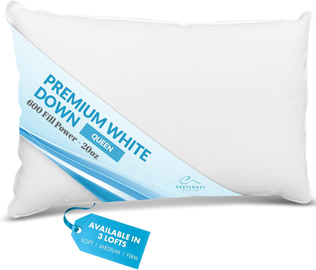 East Coast Bedding 100% White Down Pillow, No Feathers, Made in USA, 600 Fill Power, 400 Thread Count Cotton Shell, Soft Loft, Queen…