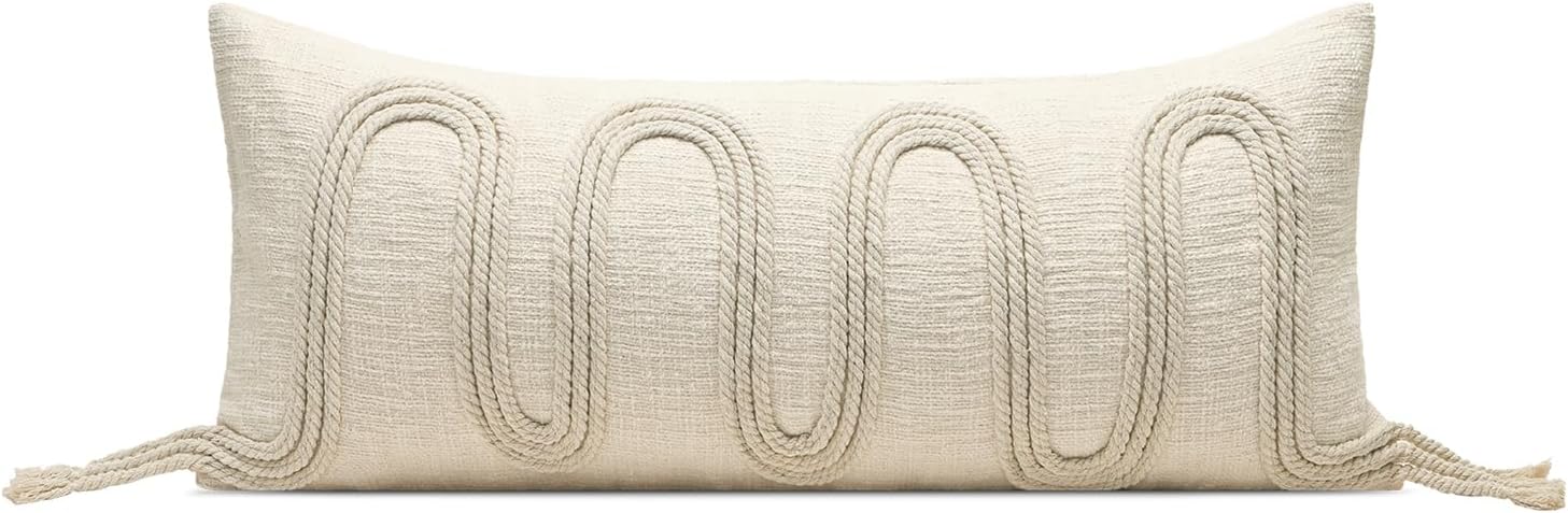 Aibuhome Beige Decorative Lumbar Pillow Cover 12x28, Handwoven Boho Long Body Pillowcase, Farmhouse Linen Cotton Pillow Cushion Case for So…