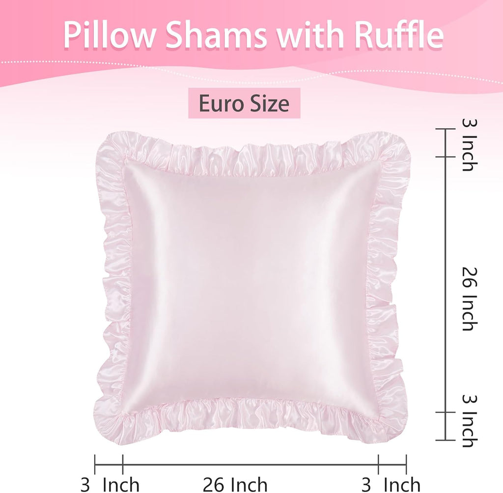 Homiest Ruffle Euro Sham Covers 26x26 Inch Set of 2, Blush Pink Satin Pillow Shams with 3 Inch Wide Decorative Ruffled, European Square…