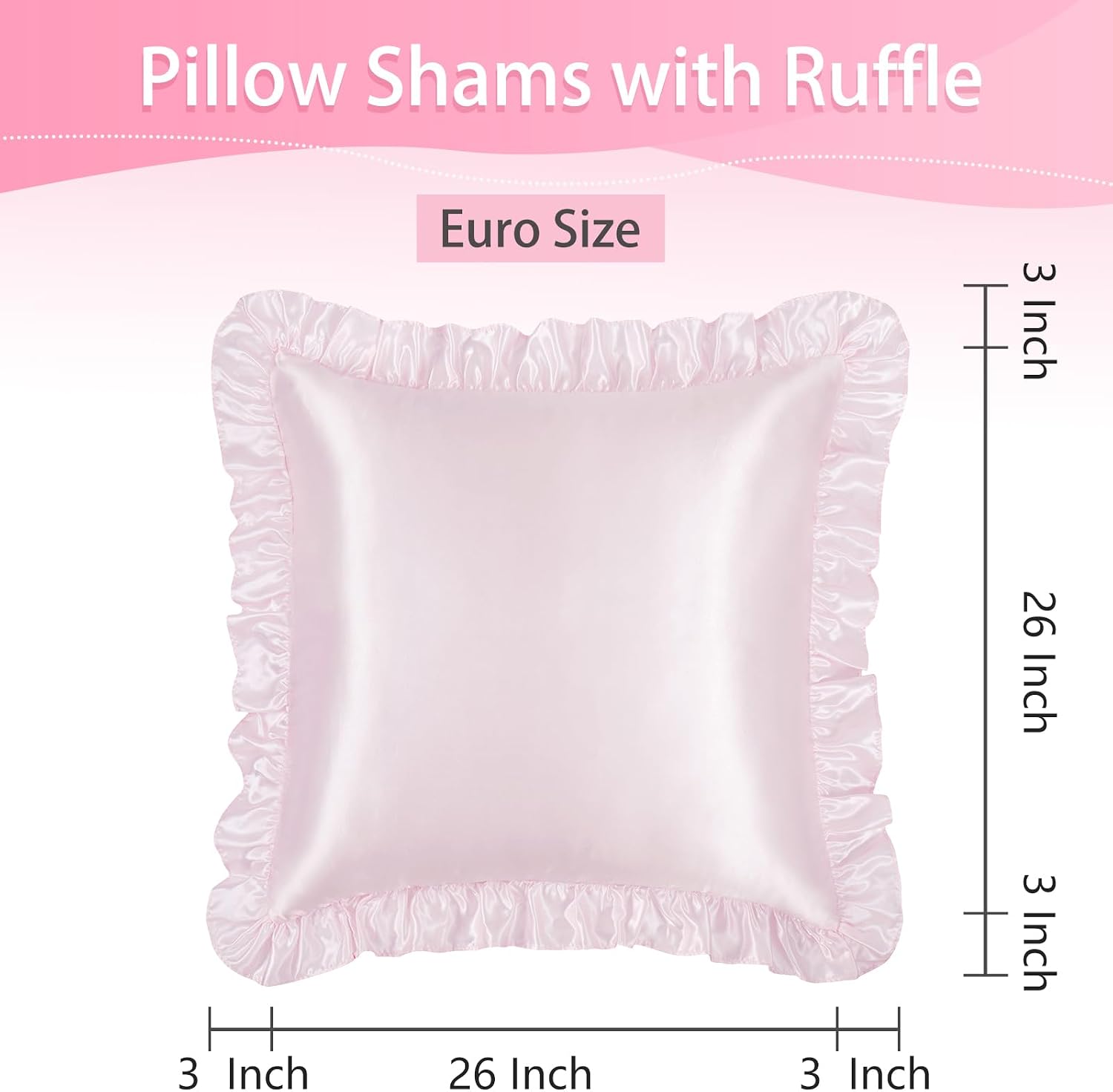 Homiest Ruffle Euro Sham Covers 26x26 Inch Set of 2, Blush Pink Satin Pillow Shams with 3 Inch Wide Decorative Ruffled, European Square…