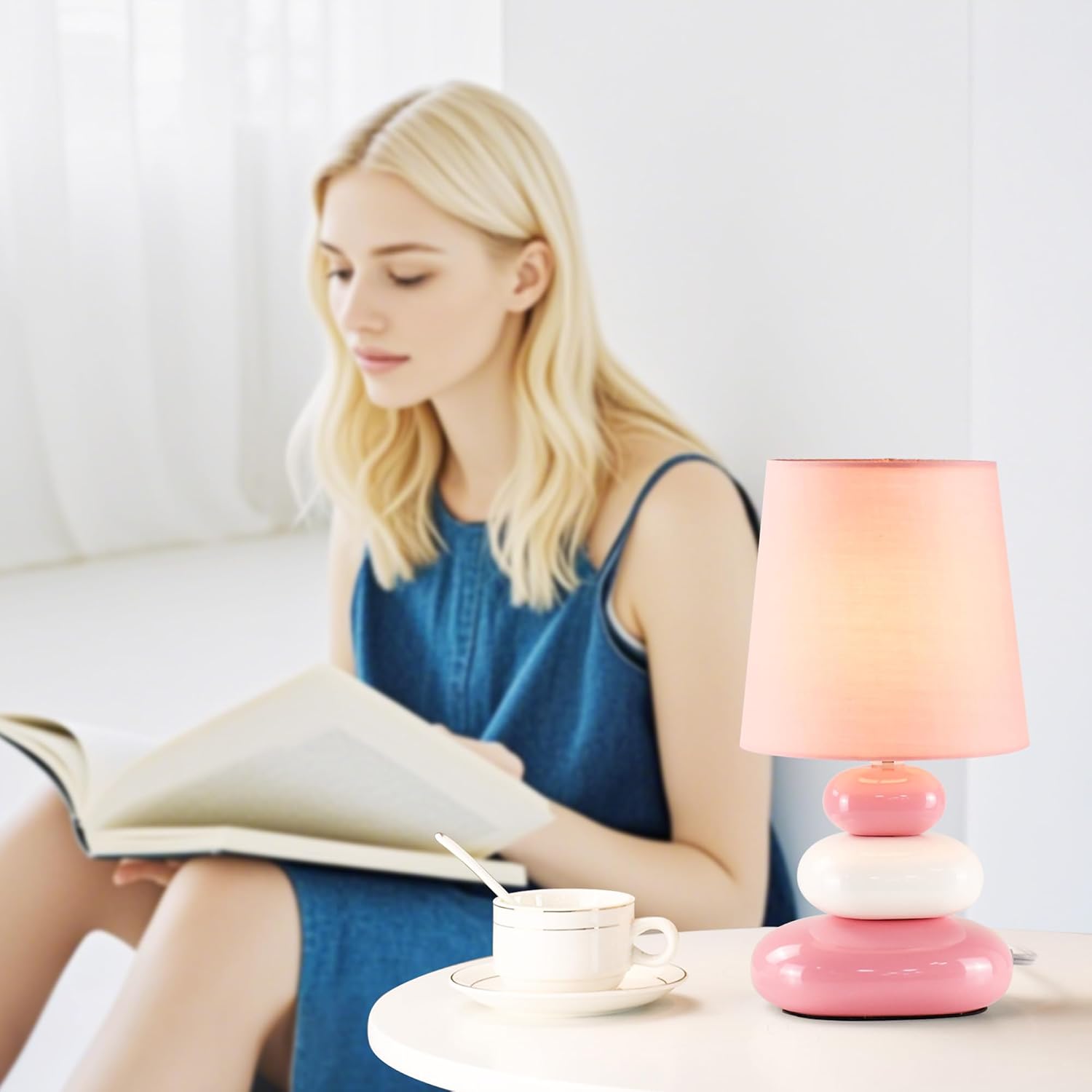 LULE Pink Small Table Lamp for Living Room as Bedside Table Lamp for Bedroom, Modern Ceramic Kids Night Table Lamp, Φ6.5×H12.2IN, Bulb Excluded