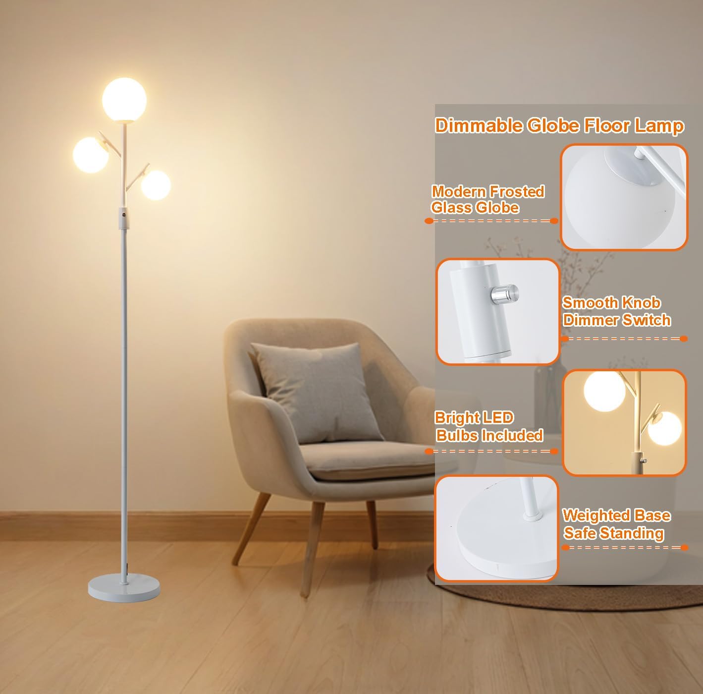 Fiqevs Mid Century Modern 3 Globe Tree Floor Lamp - Dimmable LED Standing Lamp with Bulbs, Warm Light for Living Room Bedroom Office - White