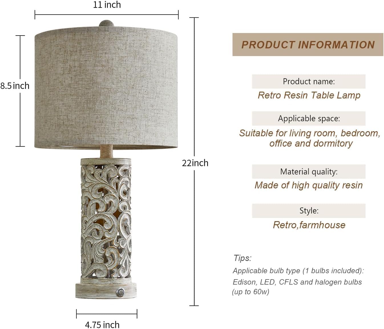 OYEARS 3-Way Dimmable 22'' USB A+C Touch Control Table Lamp with Nightlight for Living Room Bedroom Farmhouse Bedside Nightstand Lamps…