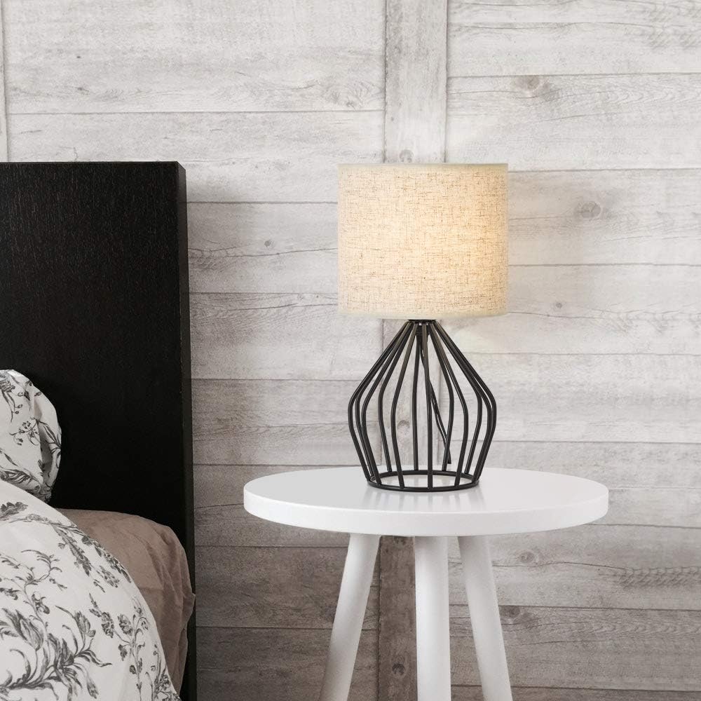 HAITRAL Black Modern Table Lamp - Minimalist Small Bedside Lamp with Hollowed Out Base Linen Fabric Shade, Vintage Nightstand Lamp for…