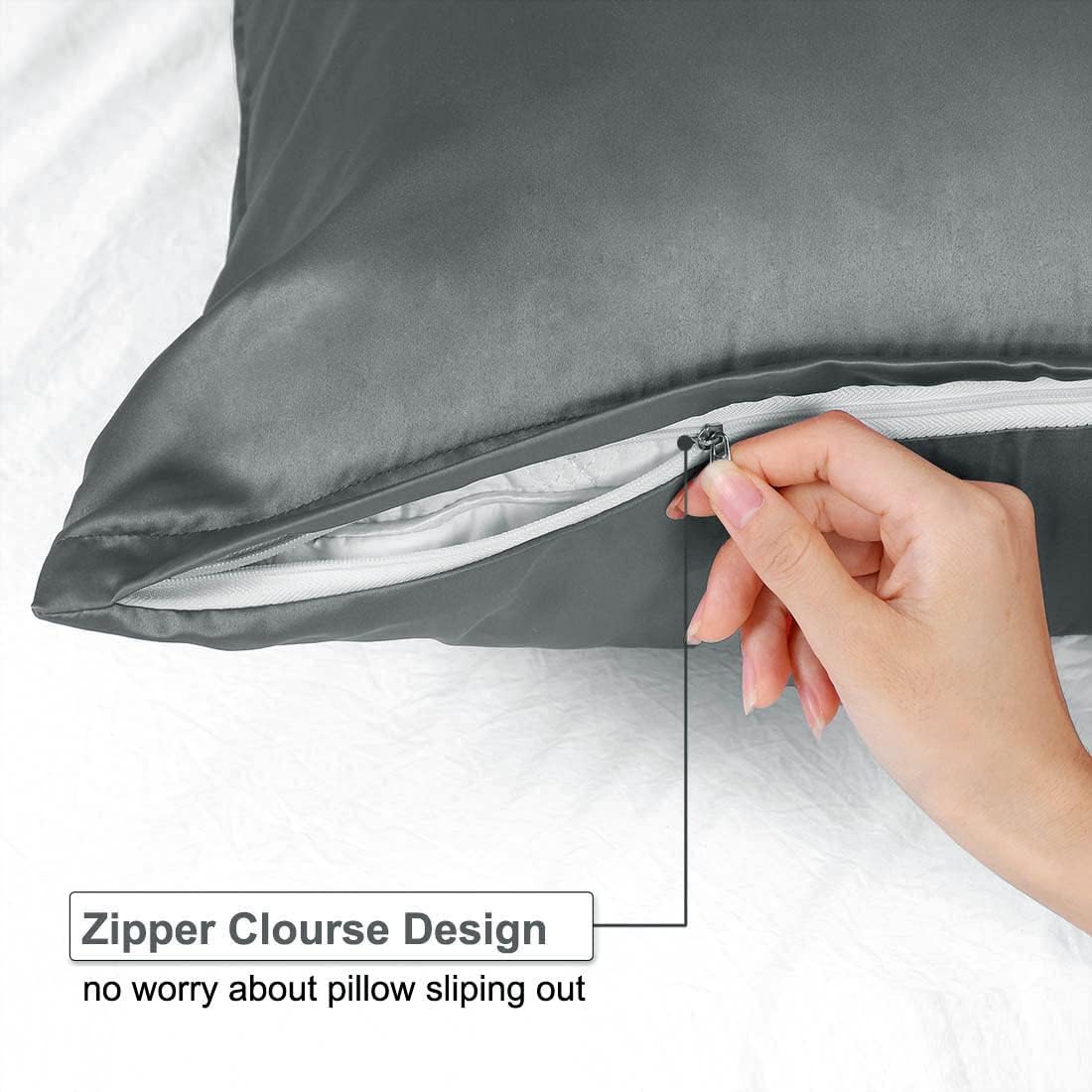 uxcell Queen Satin Pillowcase with Zipper, Super Soft and Luxury, Silky Pillow Cases Covers Set of 2, 20"x30", Grey