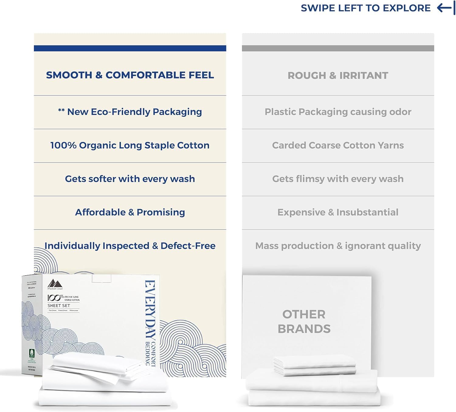 Mayfair Linen 100% Organic Cotton Percale Sheets Twin Size Pack or 2 - Soft & Crisp Organic Cotton Sheets Twin Size (6 PC, White), Dorm…