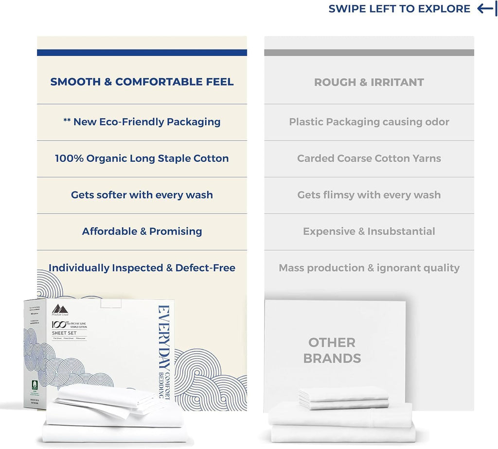MayfairLinen Mayfair Linen 100% Organic Cotton Percale Sheets Queen Size Pack or 2 - Soft & Crisp Organic Cotton Sheets Queen Size (8 PC, W…