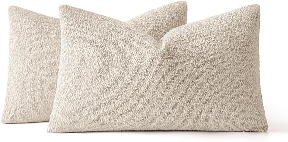 Miulee 12x20 Inch Decorative Lumbar Pillow Covers for Couch Bed Set of 2 Textured Boucle Neutral Throw Pillow Covers Natural Beige Ivory Ac…