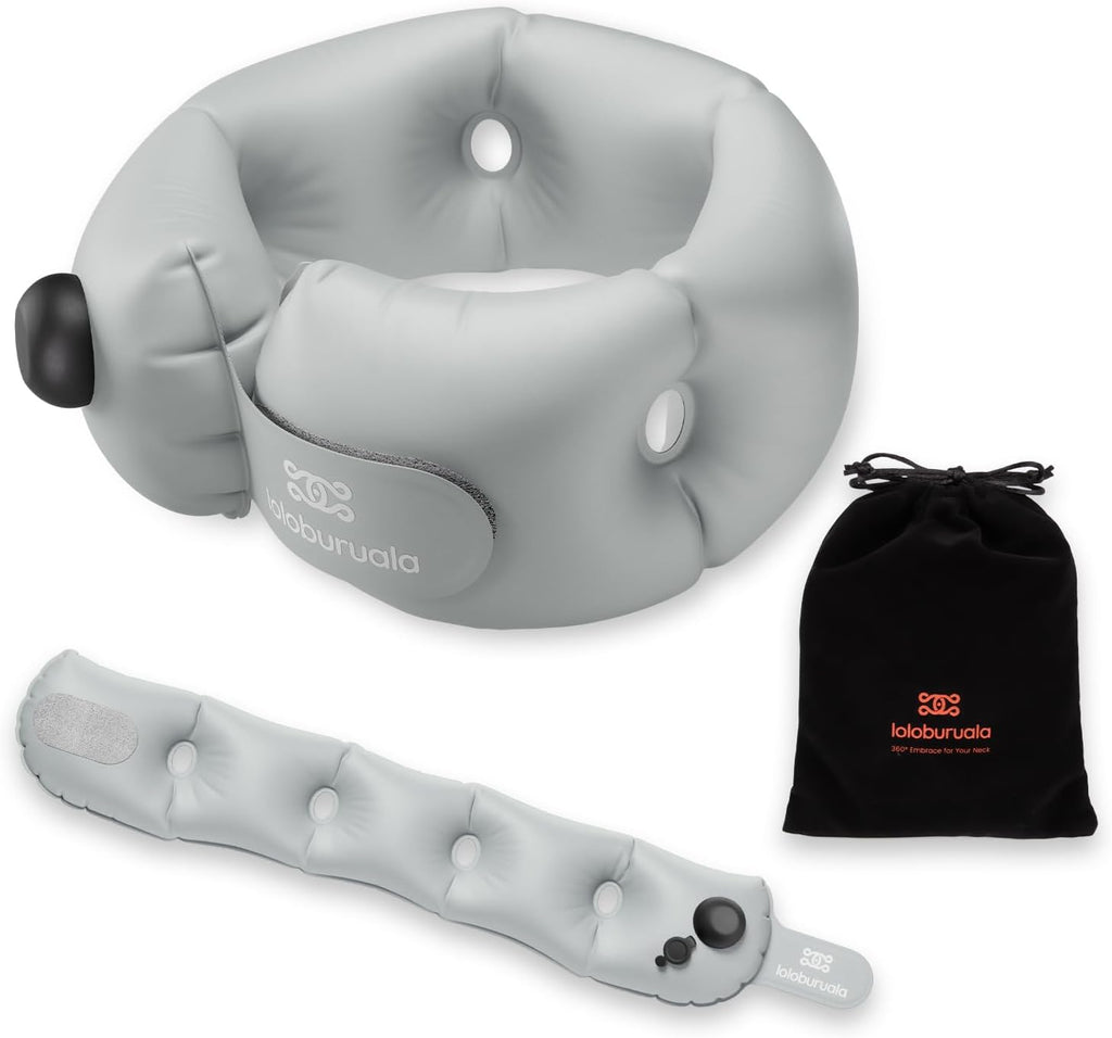 Inflatable Neck Pillow, Portable Travel Neck Pillow Airplane, Storable Gray Neck Pillows Travel with Washable Cover, Adjustable Air-Fill…
