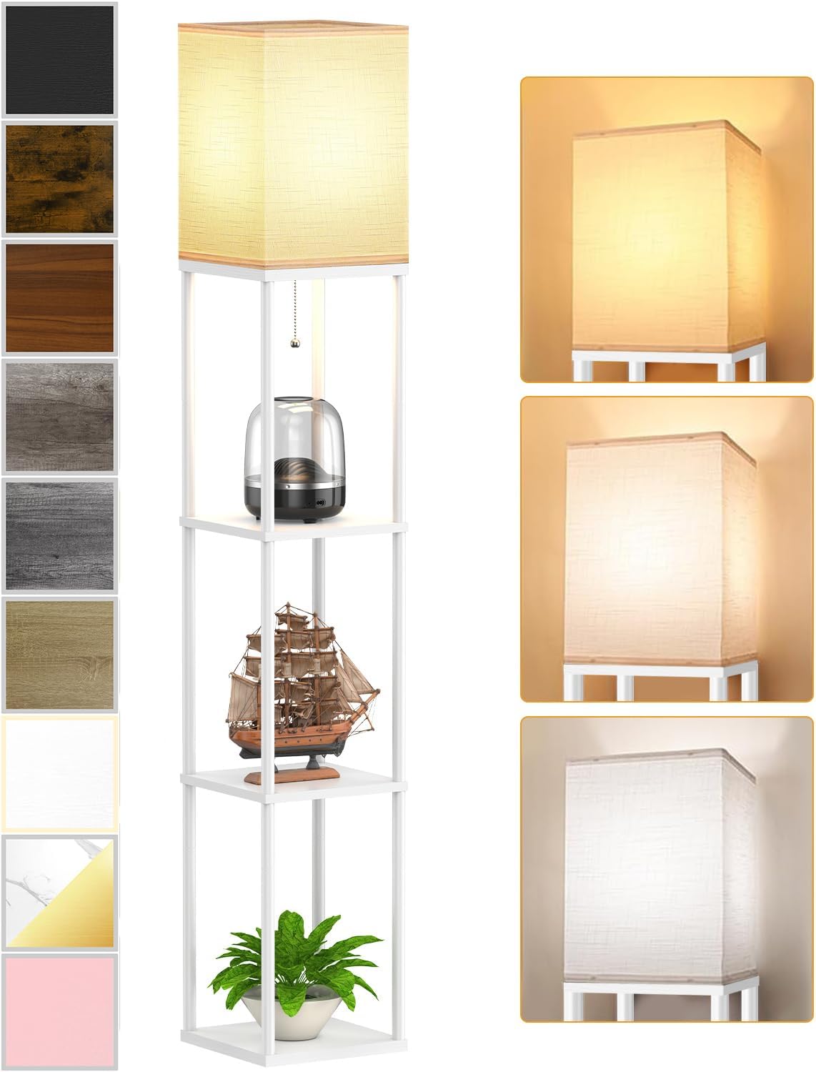 Floor Lamp with Shelves for Living Room White, Shelf Floor Lamp with 3 CCT LED Bulb, Corner Display Standing Column Lamp Etagere…