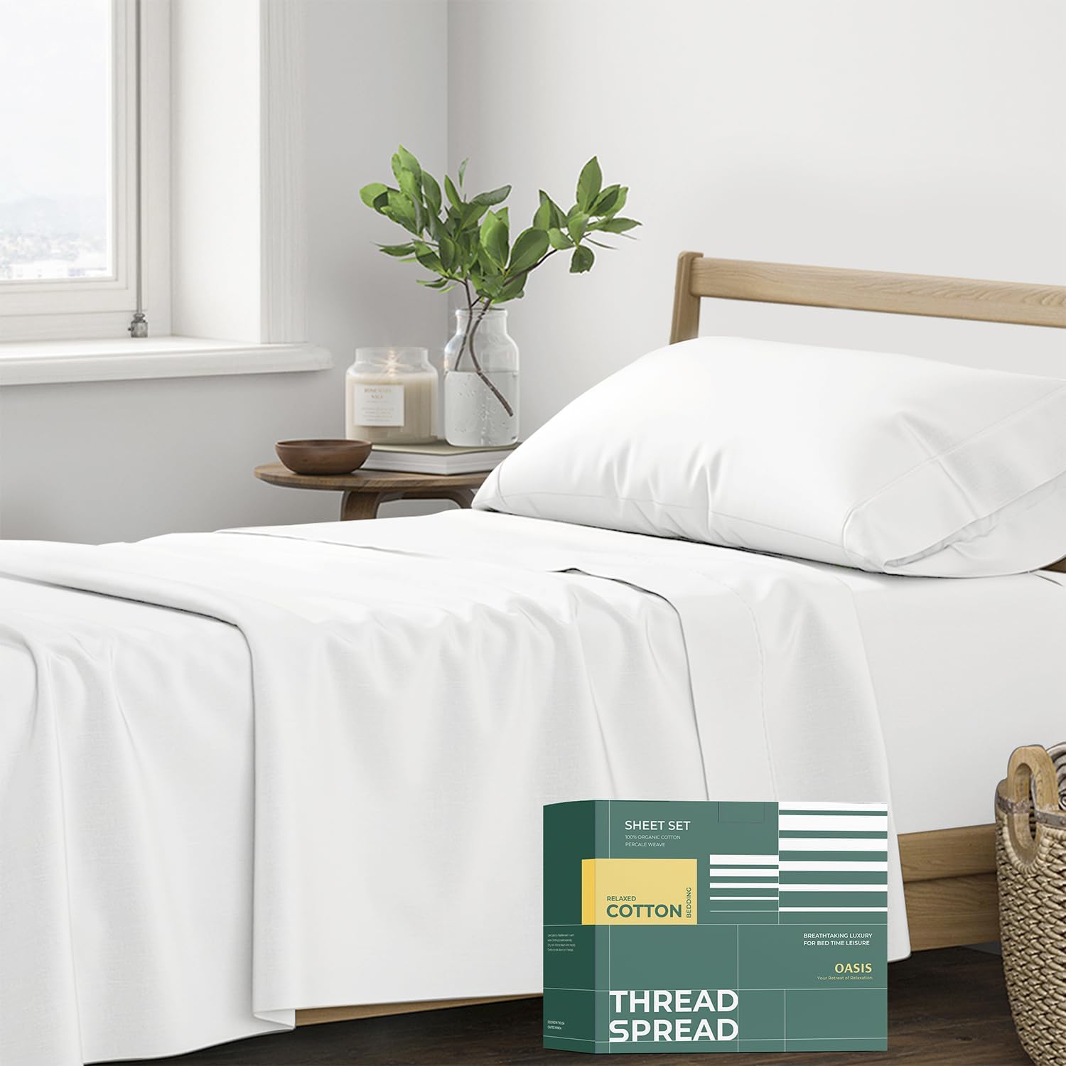 THREAD SPREAD 100% Organic Cotton Sheets - Organic Cotton Percale Weave Sheet Set, Soft, Cooling, Crisp & Breathable, 16" Deep Pocket…